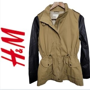 H&M Faux Leather Zip Up Army Utility Jacket Adjustable Waist Size 10